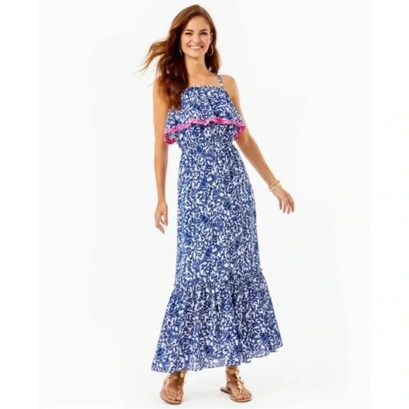 Lilly Pulitzer Adia Ruffle Maxi Sundress Oyster Bay Blue Krillin It - Picture 3 of 8